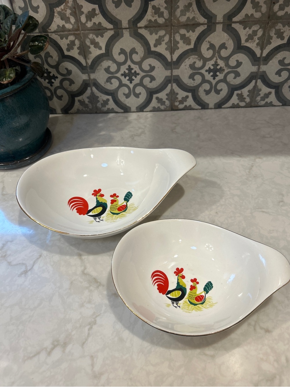 1950s Vintage Eastern China Co. White Rooster Serving Bowls with 22k Gold Trim